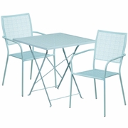 COMMERCIAL GRADE 28" SQUARE SKY BLUE INDOOR-OUTDOOR STEEL FOLDING PATIO TABLE SET WITH 2 SQUARE BACK CHAIRS: <font color=green>FREE SHIPPING!</font>