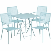 COMMERCIAL GRADE 28" SQUARE SKY BLUE INDOOR-OUTDOOR STEEL FOLDING PATIO TABLE SET WITH 4 SQUARE BACK CHAIRS <font color=green>FREE SHIPPING!</font>