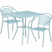 COMMERCIAL GRADE 28" SQUARE SKY BLUE INDOOR-OUTDOOR STEEL PATIO TABLE SET WITH 2 ROUND BACK CHAIRS: <font color=green>FREE SHIPPING!</font>