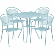 COMMERCIAL GRADE 28" SQUARE SKY BLUE INDOOR-OUTDOOR STEEL PATIO TABLE SET WITH 4 ROUND BACK CHAIRS: <font color=green>FREE SHIPPING!</font>