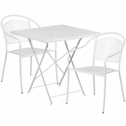 COMMERCIAL GRADE 28" SQUARE WHITE INDOOR-OUTDOOR STEEL FOLDING PATIO TABLE SET WITH 2 ROUND BACK CHAIRS <font color=green>FREE SHIPPING!</font>