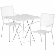 COMMERCIAL GRADE 28" SQUARE WHITE INDOOR-OUTDOOR STEEL FOLDING PATIO TABLE SET WITH 2 SQUARE BACK CHAIRS <font color=green>FREE SHIPPING!</font>