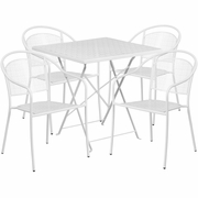 COMMERCIAL GRADE 28" SQUARE WHITE INDOOR-OUTDOOR STEEL FOLDING PATIO TABLE SET WITH 4 ROUND BACK CHAIRS <font color=green>FREE SHIPPING!</font>