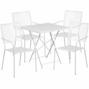 COMMERCIAL GRADE 28" SQUARE WHITE INDOOR-OUTDOOR STEEL FOLDING PATIO TABLE SET WITH 4 SQUARE BACK CHAIRS <font color=green>FREE SHIPPING!</font>