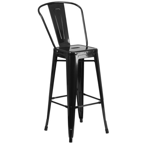 COMMERCIAL GRADE 30" HIGH BLACK METAL INDOOR-OUTDOOR BARSTOOL WITH REMOVABLE BACK: <font color=green>FREE SHIPPING!</font>