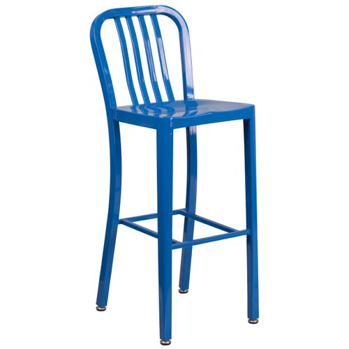 COMMERCIAL GRADE 30" HIGH BLUE METAL INDOOR-OUTDOOR BARSTOOL WITH VERTICAL SLAT BACK: <font color=green>FREE SHIPPING!</font>