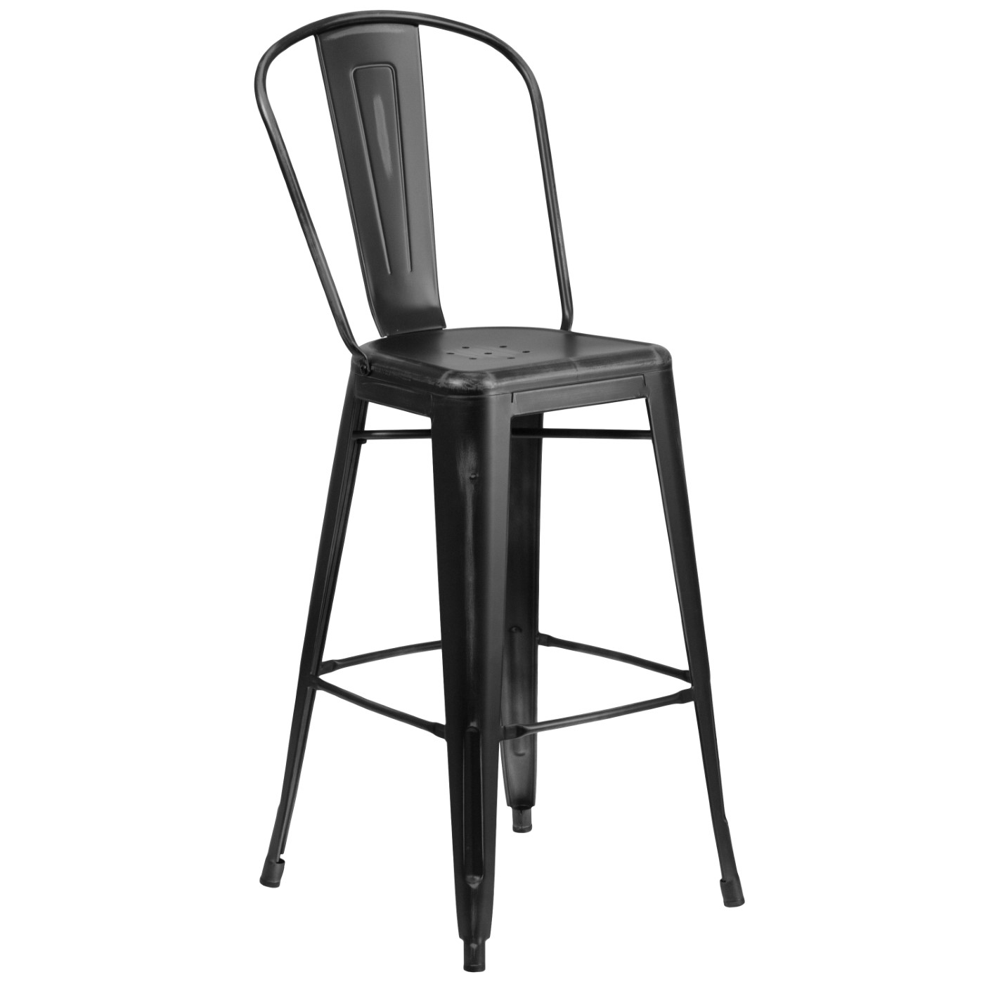COMMERCIAL GRADE 30" HIGH DISTRESSED BLACK METAL INDOOR-OUTDOOR BARSTOOL WITH BACK: <font color=green>FREE SHIPPING!</font> COMMERCIAL GRADE 30" HIGH DISTRESSED BLACK METAL INDOOR-OUTDOOR BARSTOOL WITH BACK: <font color=green>FREE SHIPPING!</font>