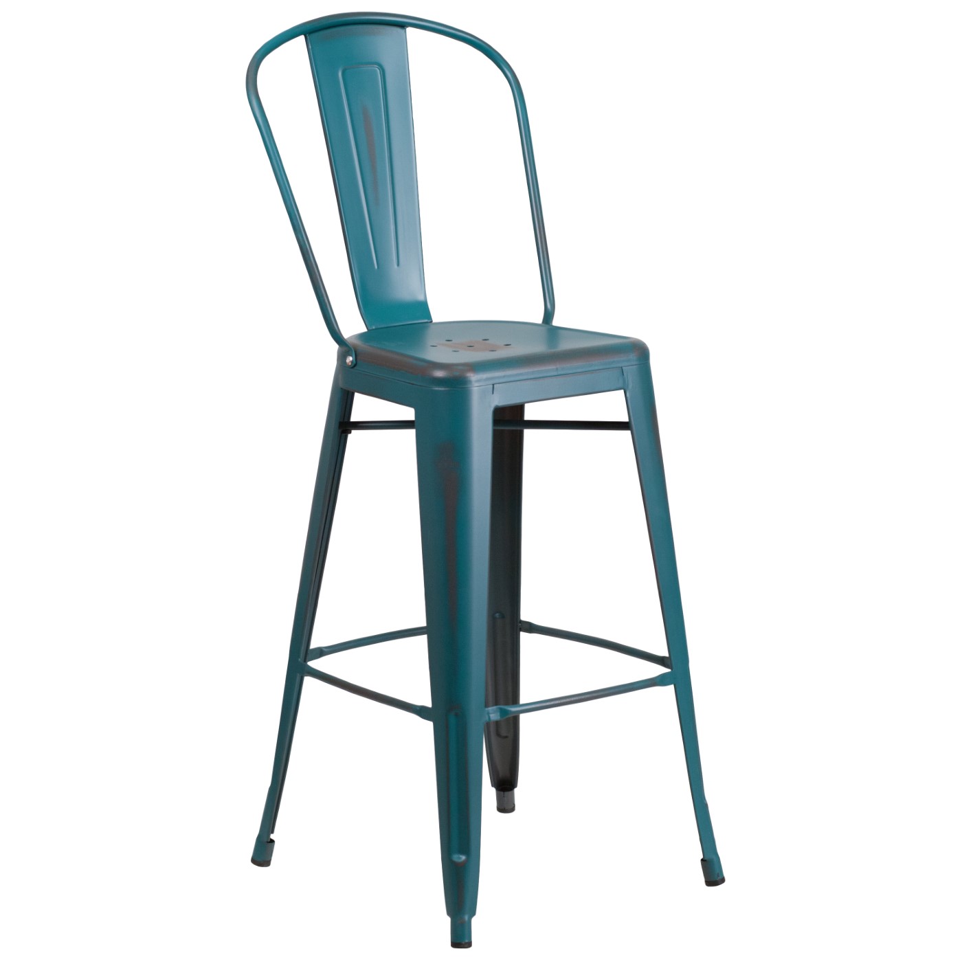 COMMERCIAL GRADE 30" HIGH DISTRESSED KELLY BLUE-TEAL METAL INDOOR-OUTDOOR BARSTOOL WITH BACK: <font color=green>FREE SHIPPING!</font> COMMERCIAL GRADE 30" HIGH DISTRESSED KELLY BLUE-TEAL METAL INDOOR-OUTDOOR BARSTOOL WITH BACK: <font color=green>FREE SHIPPING!</font>