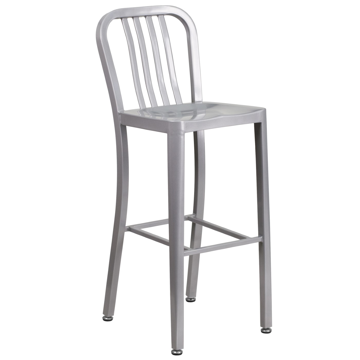 COMMERCIAL GRADE 30" HIGH SILVER METAL INDOOR-OUTDOOR BARSTOOL WITH VERTICAL SLAT BACK: <font color=green>FREE SHIPPING!</font> COMMERCIAL GRADE 30" HIGH SILVER METAL INDOOR-OUTDOOR BARSTOOL WITH VERTICAL SLAT BACK: <font color=green>FREE SHIPPING!</font>