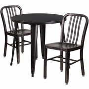 COMMERCIAL GRADE 30" ROUND BLACK-ANTIQUE GOLD METAL INDOOR-OUTDOOR TABLE SET WITH 2 VERTICAL SLAT BACK CHAIRS: <font color=green>FREE SHIPPING!</font>