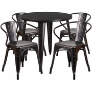 COMMERCIAL GRADE 30" ROUND BLACK-ANTIQUE GOLD METAL INDOOR-OUTDOOR TABLE SET WITH 4 ARM CHAIRS <font color=green>FREE SHIPPING!</font>