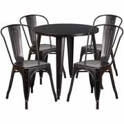 COMMERCIAL GRADE 30" ROUND BLACK-ANTIQUE GOLD METAL INDOOR-OUTDOOR TABLE SET WITH 4 CAFE CHAIRS: <font color=green>FREE SHIPPING!</font>