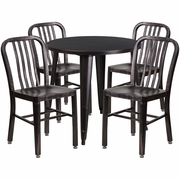 COMMERCIAL GRADE 30" ROUND BLACK-ANTIQUE GOLD METAL INDOOR-OUTDOOR TABLE SET WITH 4 VERTICAL SLAT BACK CHAIRS: <font color=green>FREE SHIPPING!</font>