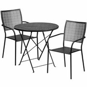 COMMERCIAL GRADE 30" ROUND BLACK INDOOR-OUTDOOR STEEL FOLDING PATIO TABLE SET WITH 2 SQUARE BACK CHAIRS: <font color=green>FREE SHIPPING!</font>