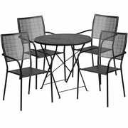 COMMERCIAL GRADE 30" ROUND BLACK INDOOR-OUTDOOR STEEL FOLDING PATIO TABLE SET WITH 4 SQUARE BACK CHAIRS: <font color=green>FREE SHIPPING!</font>