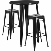 COMMERCIAL GRADE 30" ROUND BLACK METAL INDOOR-OUTDOOR BAR TABLE SET WITH 2 SQUARE SEAT BACKLESS STOOLS: <font color=green>FREE SHIPPING!</font>