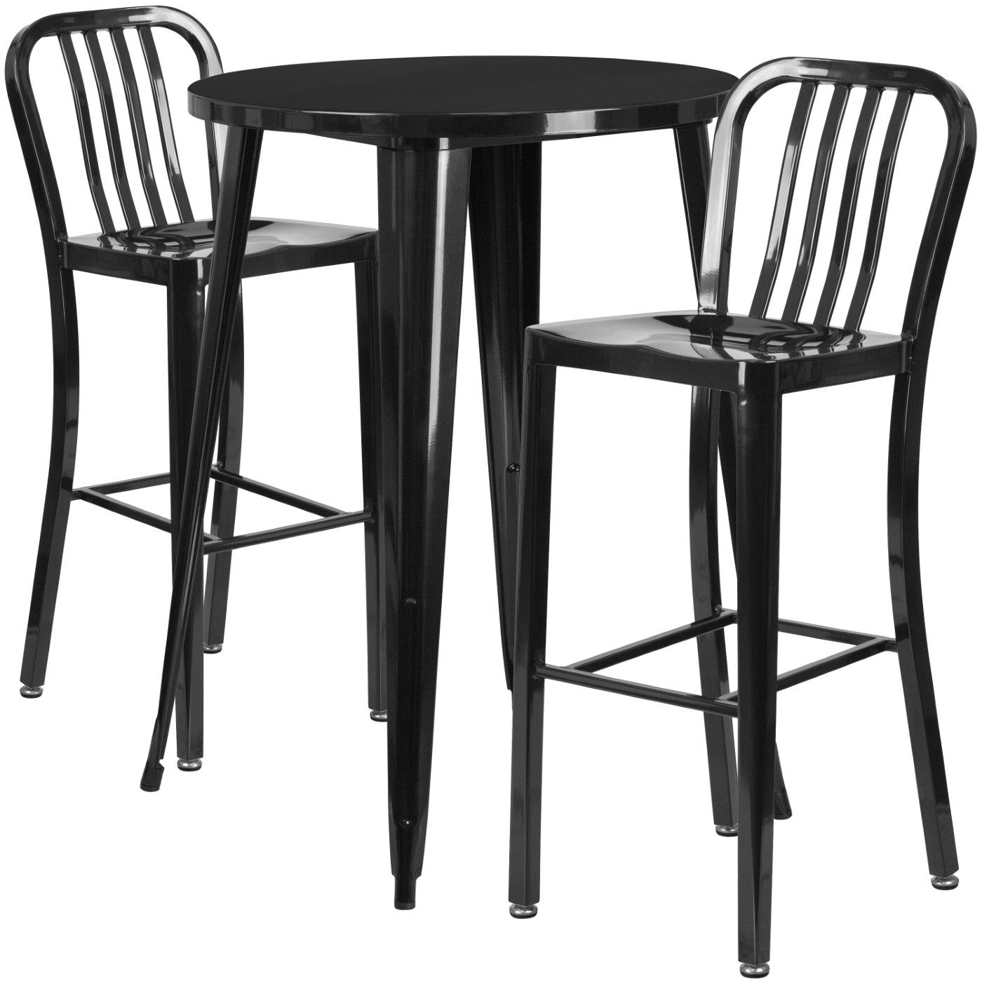 COMMERCIAL GRADE 30" ROUND BLACK METAL INDOOR-OUTDOOR BAR TABLE SET WITH 2 VERTICAL SLAT BACK STOOLS: <font color=green>FREE SHIPPING!</font> COMMERCIAL GRADE 30" ROUND BLACK METAL INDOOR-OUTDOOR BAR TABLE SET WITH 2 VERTICAL SLAT BACK STOOLS: <font color=green>FREE SHIPPING!</font>