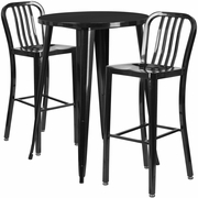 COMMERCIAL GRADE 30" ROUND BLACK METAL INDOOR-OUTDOOR BAR TABLE SET WITH 2 VERTICAL SLAT BACK STOOLS: <font color=green>FREE SHIPPING!</font>