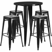 COMMERCIAL GRADE 30" ROUND BLACK METAL INDOOR-OUTDOOR BAR TABLE SET WITH 4 SQUARE SEAT BACKLESS STOOLS: <font color=green>FREE SHIPPING!</font>