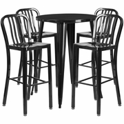 COMMERCIAL GRADE 30" ROUND BLACK METAL INDOOR-OUTDOOR BAR TABLE SET WITH 4 VERTICAL SLAT BACK STOOLS: <font color=green>FREE SHIPPING!</font>
