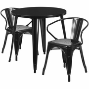 COMMERCIAL GRADE 30" ROUND BLACK METAL INDOOR-OUTDOOR TABLE SET WITH 2 ARM CHAIRS: <font color=green>FREE SHIPPING!</font>
