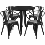 COMMERCIAL GRADE 30" ROUND BLACK METAL INDOOR-OUTDOOR TABLE SET WITH 4 ARM CHAIRS: <font color=green>FREE SHIPPING!</font>