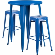 COMMERCIAL GRADE 30" ROUND BLUE METAL INDOOR-OUTDOOR BAR TABLE SET WITH 2 SQUARE SEAT BACKLESS STOOLS <font color=green>FREE SHIPPING!</font>