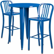 COMMERCIAL GRADE 30" ROUND BLUE METAL INDOOR-OUTDOOR BAR TABLE SET WITH 2 VERTICAL SLAT BACK STOOLS <font color=green>FREE SHIPPING!</font>