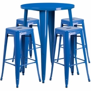 COMMERCIAL GRADE 30" ROUND BLUE METAL INDOOR-OUTDOOR BAR TABLE SET WITH 4 SQUARE SEAT BACKLESS STOOLS <font color=green>FREE SHIPPING!</font>