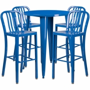 COMMERCIAL GRADE 30" ROUND BLUE METAL INDOOR-OUTDOOR BAR TABLE SET WITH 4 VERTICAL SLAT BACK STOOLS <font color=green>FREE SHIPPING!</font>