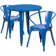 COMMERCIAL GRADE 30" ROUND BLUE METAL INDOOR-OUTDOOR TABLE SET WITH 2 ARM CHAIRS: <font color=green>FREE SHIPPING!</font>