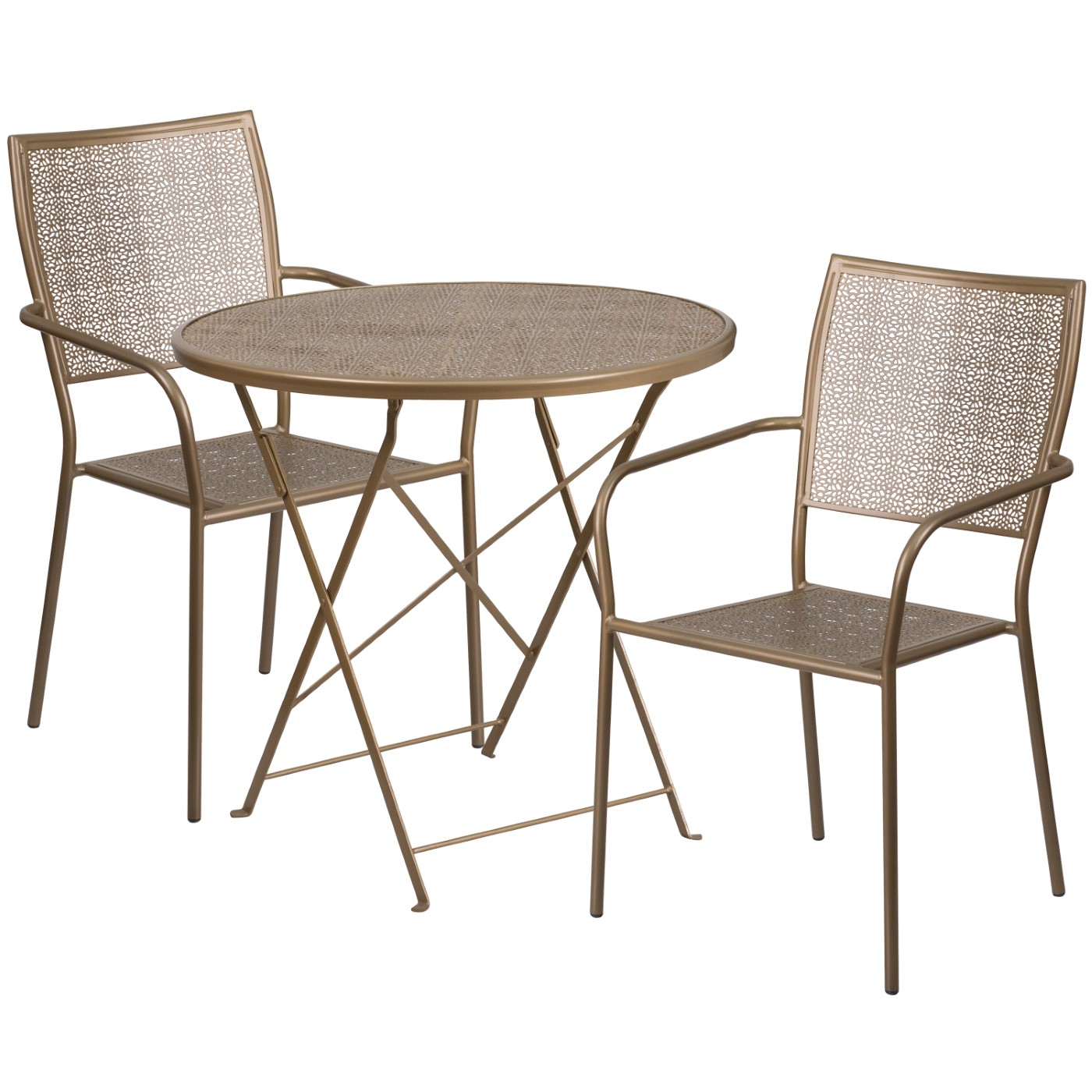 COMMERCIAL GRADE 30" ROUND GOLD INDOOR-OUTDOOR STEEL FOLDING PATIO TABLE SET WITH 2 SQUARE BACK CHAIRS: <font color=green>FREE SHIPPING!</font> COMMERCIAL GRADE 30" ROUND GOLD INDOOR-OUTDOOR STEEL FOLDING PATIO TABLE SET WITH 2 SQUARE BACK CHAIRS: <font color=green>FREE SHIPPING!</font>