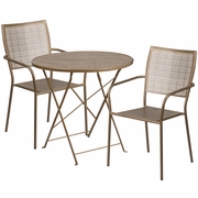 COMMERCIAL GRADE 30" ROUND GOLD INDOOR-OUTDOOR STEEL FOLDING PATIO TABLE SET WITH 2 SQUARE BACK CHAIRS: <font color=green>FREE SHIPPING!</font>