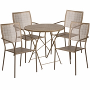 COMMERCIAL GRADE 30" ROUND GOLD INDOOR-OUTDOOR STEEL FOLDING PATIO TABLE SET WITH 4 SQUARE BACK CHAIRS: <font color=green>FREE SHIPPING!</font>