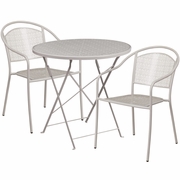 COMMERCIAL GRADE 30" ROUND LIGHT GRAY INDOOR-OUTDOOR STEEL FOLDING PATIO TABLE SET WITH 2 ROUND BACK CHAIRS: <font color=green>FREE SHIPPING!</font>