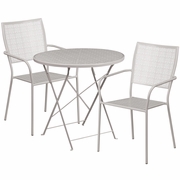 COMMERCIAL GRADE 30" ROUND LIGHT GRAY INDOOR-OUTDOOR STEEL FOLDING PATIO TABLE SET WITH 2 SQUARE BACK CHAIRS: <font color=green>FREE SHIPPING!</font>