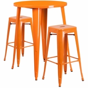 COMMERCIAL GRADE 30" ROUND ORANGE METAL INDOOR-OUTDOOR BAR TABLE SET WITH 2 SQUARE SEAT BACKLESS STOOLS: <font color=green>FREE SHIPPING!</font>