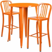 COMMERCIAL GRADE 30" ROUND ORANGE METAL INDOOR-OUTDOOR BAR TABLE SET WITH 2 VERTICAL SLAT BACK STOOLS: <font color=green>FREE SHIPPING!</font>