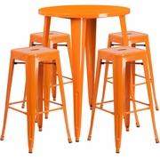 COMMERCIAL GRADE 30" ROUND ORANGE METAL INDOOR-OUTDOOR BAR TABLE SET WITH 4 SQUARE SEAT BACKLESS STOOLS: <font color=green>FREE SHIPPING!</font>