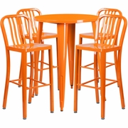 COMMERCIAL GRADE 30" ROUND ORANGE METAL INDOOR-OUTDOOR BAR TABLE SET WITH 4 VERTICAL SLAT BACK STOOLS: <font color=green>FREE SHIPPING!</font>