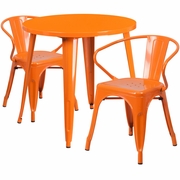 COMMERCIAL GRADE 30" ROUND ORANGE METAL INDOOR-OUTDOOR TABLE SET WITH 2 ARM CHAIRS <font color=green>FREE SHIPPING!</font>
