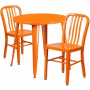 COMMERCIAL GRADE 30" ROUND ORANGE METAL INDOOR-OUTDOOR TABLE SET WITH 2 VERTICAL SLAT BACK CHAIRS <font color=green>FREE SHIPPING!</font>