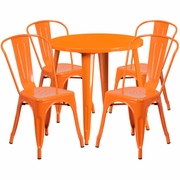 COMMERCIAL GRADE 30" ROUND ORANGE METAL INDOOR-OUTDOOR TABLE SET WITH 4 CAFE CHAIRS: <font color=green>FREE SHIPPING!</font>