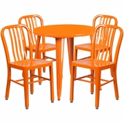 COMMERCIAL GRADE 30" ROUND ORANGE METAL INDOOR-OUTDOOR TABLE SET WITH 4 VERTICAL SLAT BACK CHAIRS <font color=green>FREE SHIPPING!</font>
