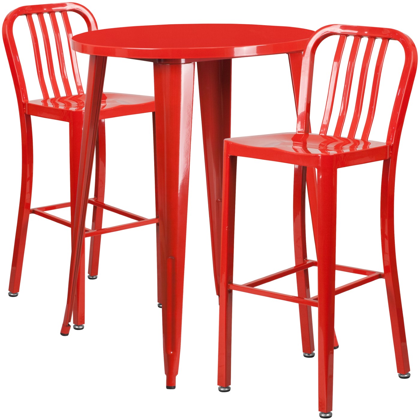 COMMERCIAL GRADE 30" ROUND RED METAL INDOOR-OUTDOOR BAR TABLE SET WITH 2 VERTICAL SLAT BACK STOOLS: <font color=green>FREE SHIPPING!</font> COMMERCIAL GRADE 30" ROUND RED METAL INDOOR-OUTDOOR BAR TABLE SET WITH 2 VERTICAL SLAT BACK STOOLS: <font color=green>FREE SHIPPING!</font>
