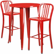 COMMERCIAL GRADE 30" ROUND RED METAL INDOOR-OUTDOOR BAR TABLE SET WITH 2 VERTICAL SLAT BACK STOOLS: <font color=green>FREE SHIPPING!</font>