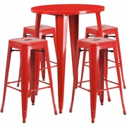 COMMERCIAL GRADE 30" ROUND RED METAL INDOOR-OUTDOOR BAR TABLE SET WITH 4 SQUARE SEAT BACKLESS STOOLS <font color=green>FREE SHIPPING!</font>