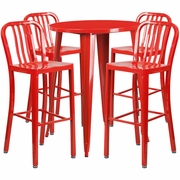 COMMERCIAL GRADE 30" ROUND RED METAL INDOOR-OUTDOOR BAR TABLE SET WITH 4 VERTICAL SLAT BACK STOOLS: <font color=green>FREE SHIPPING!</font>