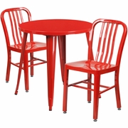 COMMERCIAL GRADE 30" ROUND RED METAL INDOOR-OUTDOOR TABLE SET WITH 2 VERTICAL SLAT BACK CHAIRS: <font color=green>FREE SHIPPING!</font>