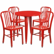 COMMERCIAL GRADE 30" ROUND RED METAL INDOOR-OUTDOOR TABLE SET WITH 4 VERTICAL SLAT BACK CHAIRS: <font color=green>FREE SHIPPING!</font>